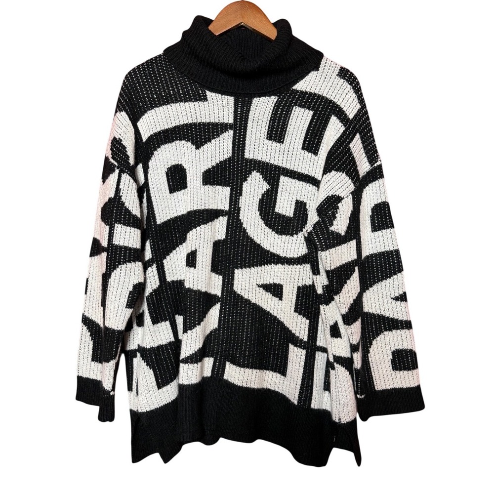 Karl Lagerfeld Paris Women Large Black White Logo Graphic Turtleneck Sweater